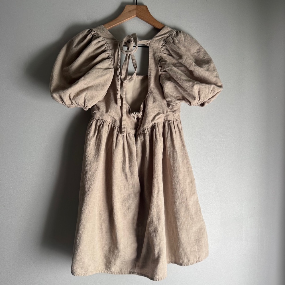 Altar'd State Tan Puff Short Sleeve Tie Open Back Mini Dress Size XS - Picture 3 of 8